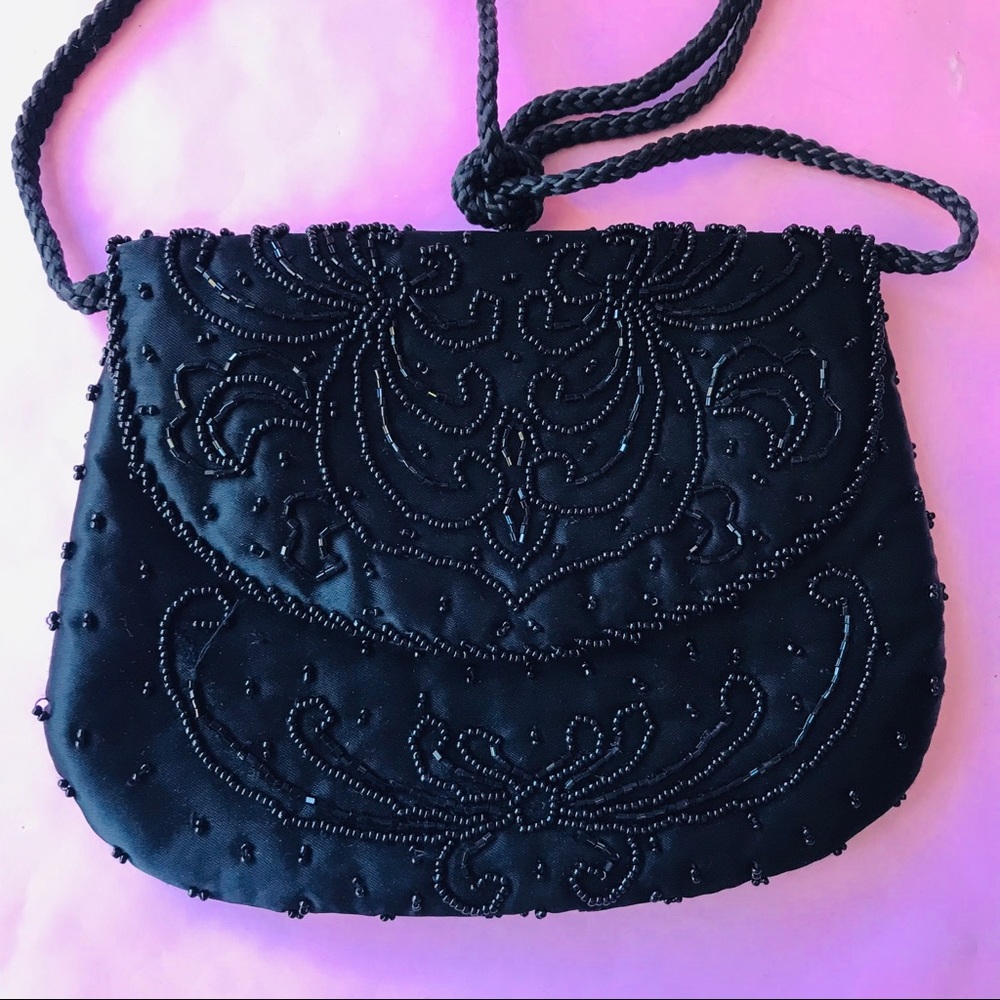 Vintage black satin beaded mini bag